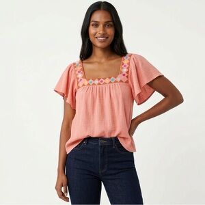 Embroidered Square Neck Flutter Sleeve Top - Dusty Rose